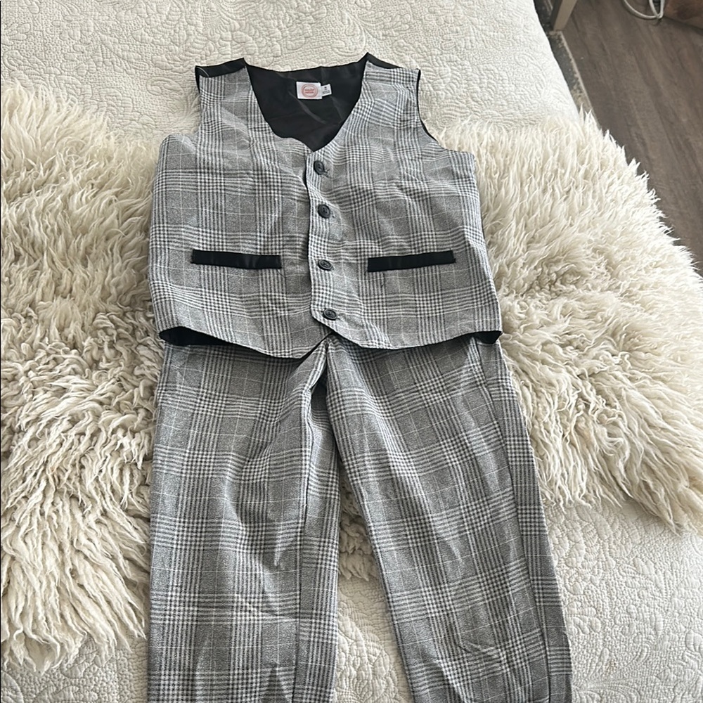 Gray Plaid Boys Pants & Vest Set
